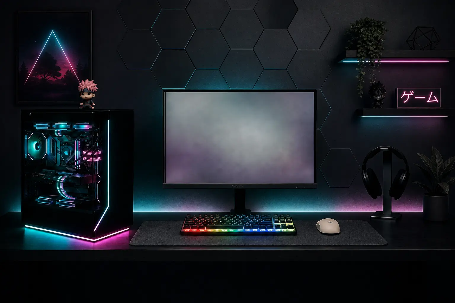 An RGB gaming tower glowing on a dark minimal desk