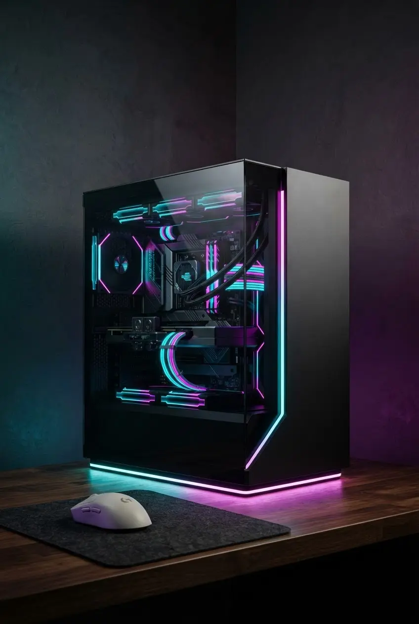An RGB gaming tower glowing on a dark minimal desk